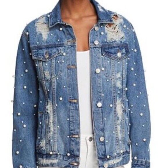 Sunset + Spring Denim Jacket Pearl Embellishment Bride Embroidered Size L NWOT - Picture 3 of 16